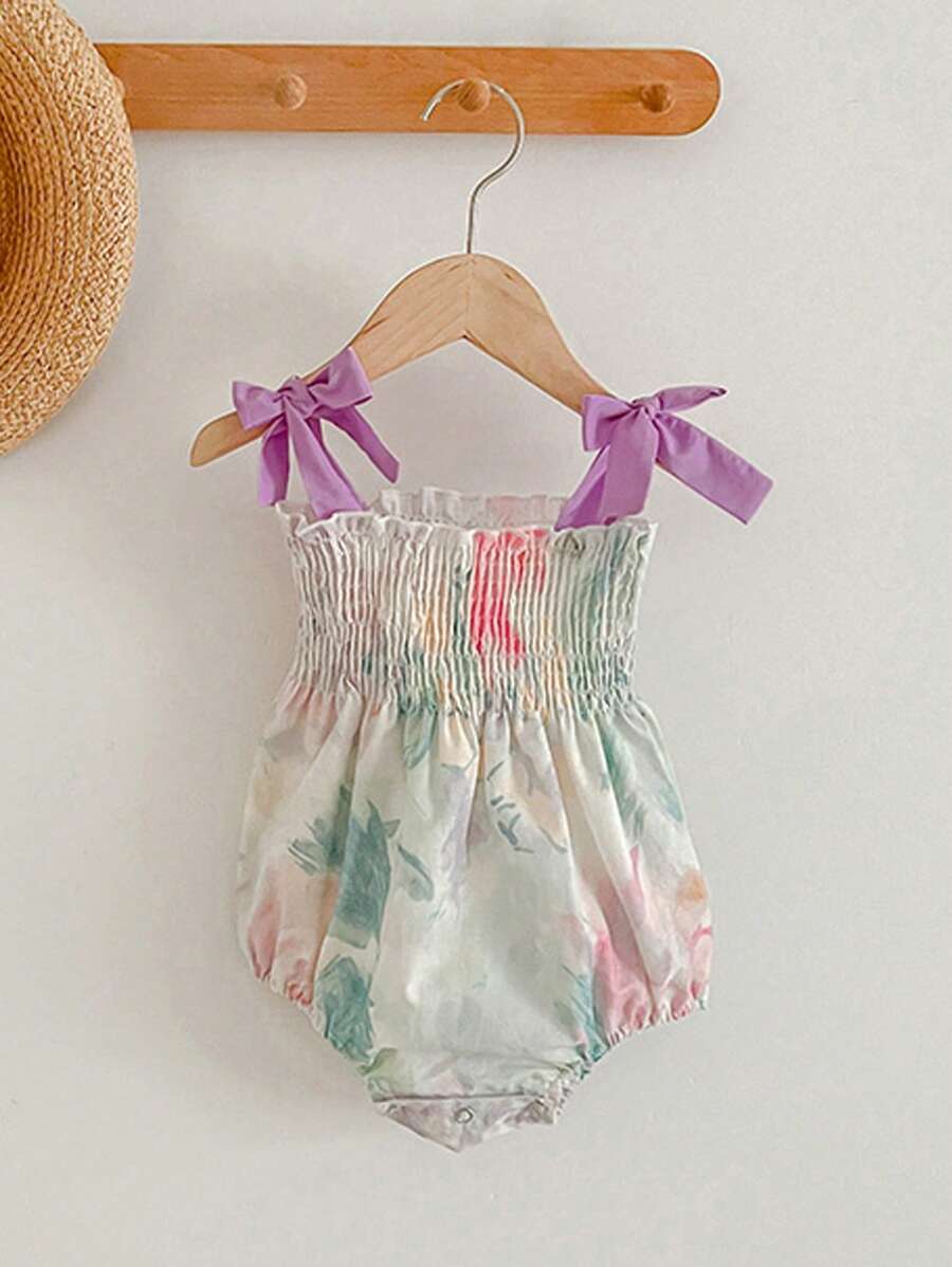 Đứa bé gái In hoa Vai cung Áo liền quần dây treo - Nhiều màu - Xem 1