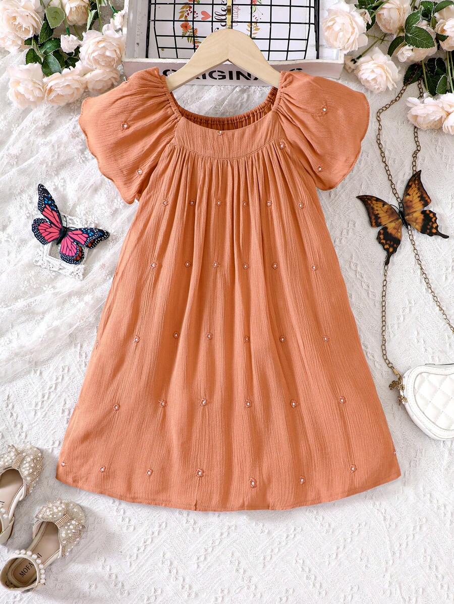 SHEIN Cô Gái Trẻ Ống tay áo Thêu hoa Đầm - trái cam - Xem 1