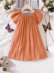 SHEIN Cô Gái Trẻ Ống tay áo Thêu hoa Đầm - trái cam - Xem 2