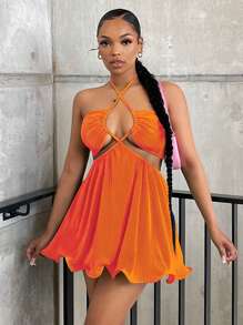 SHEIN SXY 十字交叉後背繫帶繞頸木耳邊連衣裙 - 亮橙色 - 查看 1