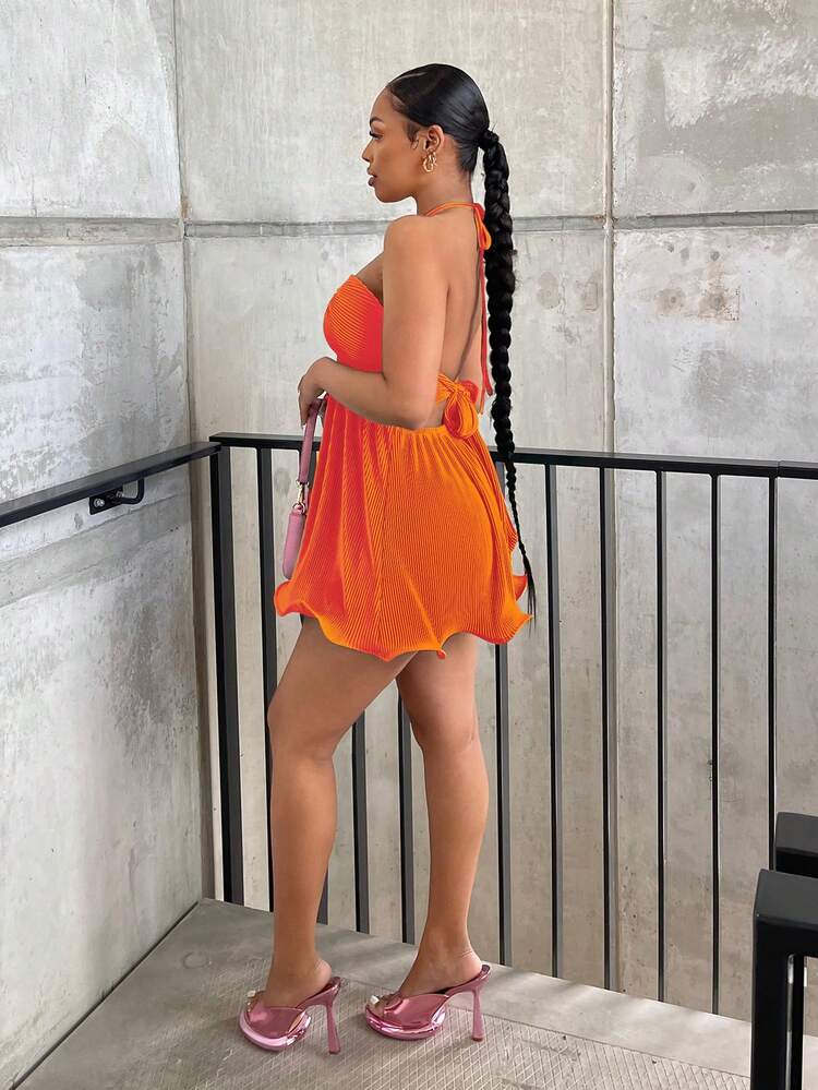 SHEIN SXY Crisscross Ca-vát Backless Halter Neck Ren Mộc nhĩ Đầm - Màu Cam cháy - Xem 2