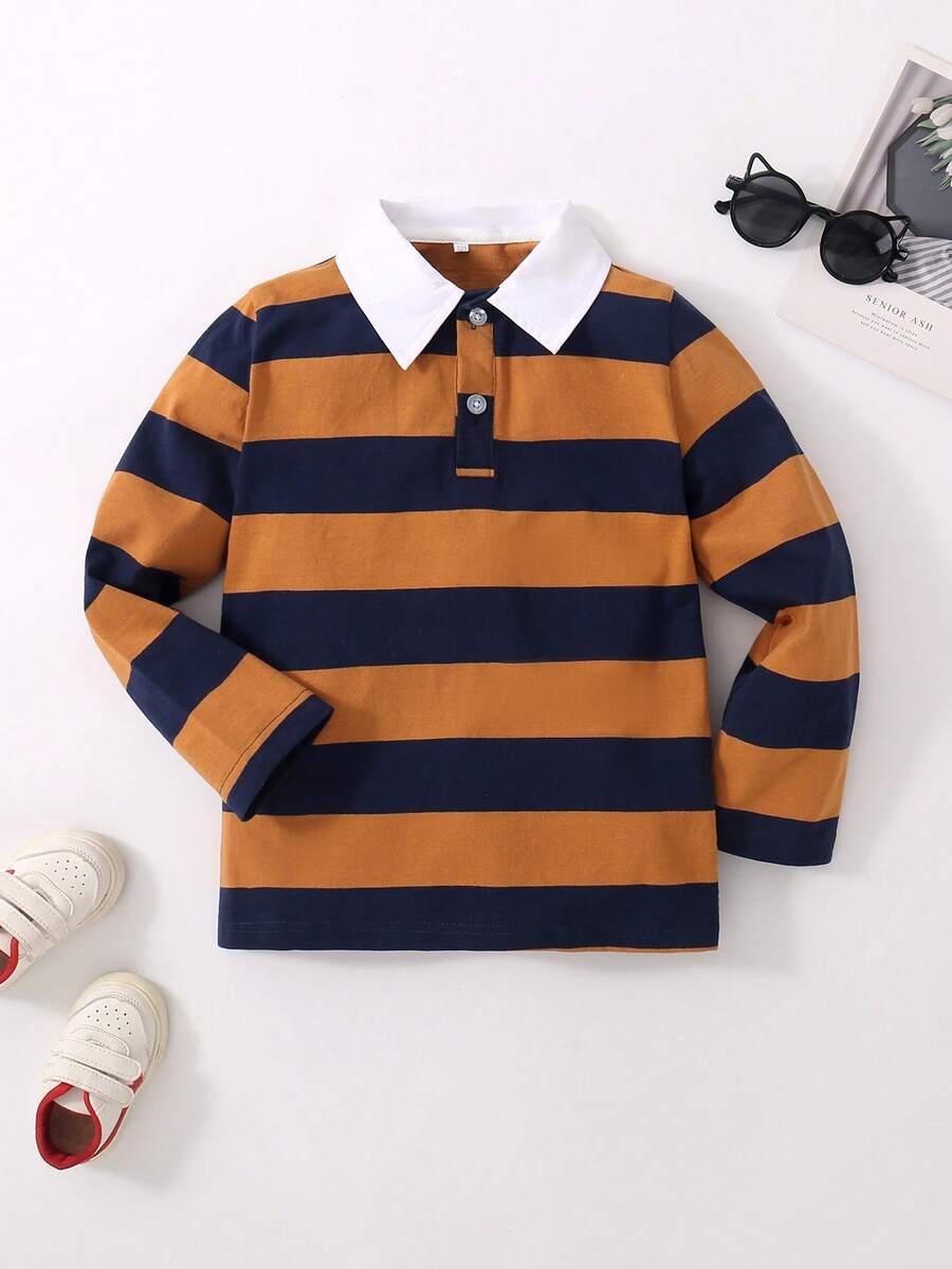 Young Boy Striped Contrast Collar Polo Shirt - Multicolor - View 1