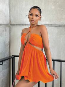 SHEIN SXY 十字交叉後背繫帶繞頸木耳邊連衣裙 - 亮橙色 - 查看 4