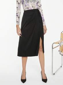 BizChic Solid Knot Side Wrap Skirt - Black - View 1