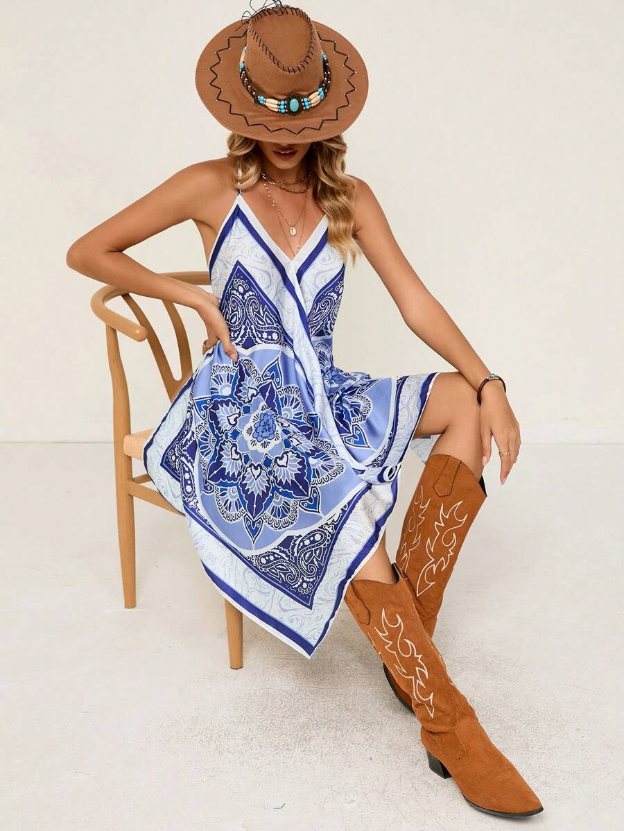 SHEIN VCAY 佩斯利印花手帕下擺吊帶洋裝 - 彩色 - 查看 1