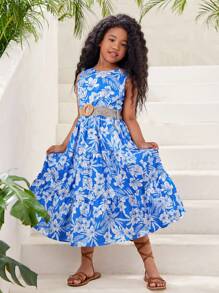 女大童滿版印花層疊下擺洋裝 - 藍色 - 查看 5