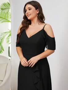 女士加大码露肩荷叶边开叉大腿伴娘礼服优雅婚礼宾客礼服 - 黑色 - 查看 7