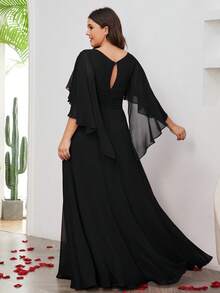 加大褶皱腰蝴蝶袖雪纺伴娘服优雅连衣裙