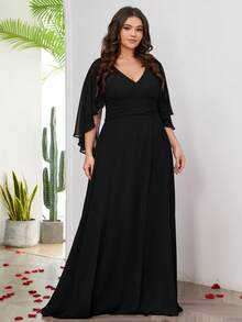 加大褶皱腰蝴蝶袖雪纺伴娘服优雅连衣裙