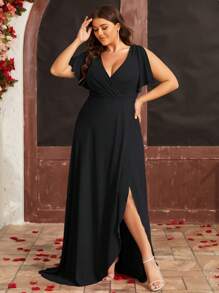 Plus Split Sleeve Wrap Hem Dress Elegant Bridesmaid Dress - Black - View 4