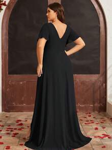 Plus Split Sleeve Wrap Hem Dress Elegant Bridesmaid Dress - Black - View 5