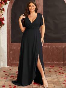 Plus Split Sleeve Wrap Hem Dress Elegant Bridesmaid Dress - Black - View 3