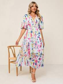 SHEIN Clasi 滿版印花泡泡袖荷葉邊連衣裙 - 彩色 - 查看 1