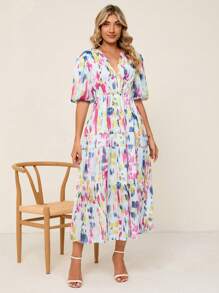 SHEIN Clasi 滿版印花泡泡袖荷葉邊連衣裙 - 彩色 - 查看 3