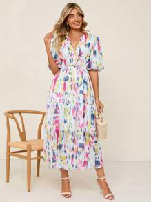 SHEIN Clasi 滿版印花泡泡袖荷葉邊連衣裙 - 彩色 - 查看 5