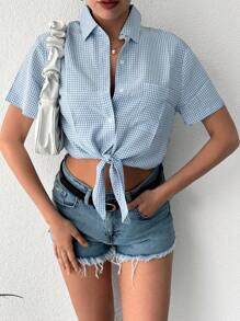 Cottnline Gingham Print Knot Hem Crop Shirt - Blue - View 1
