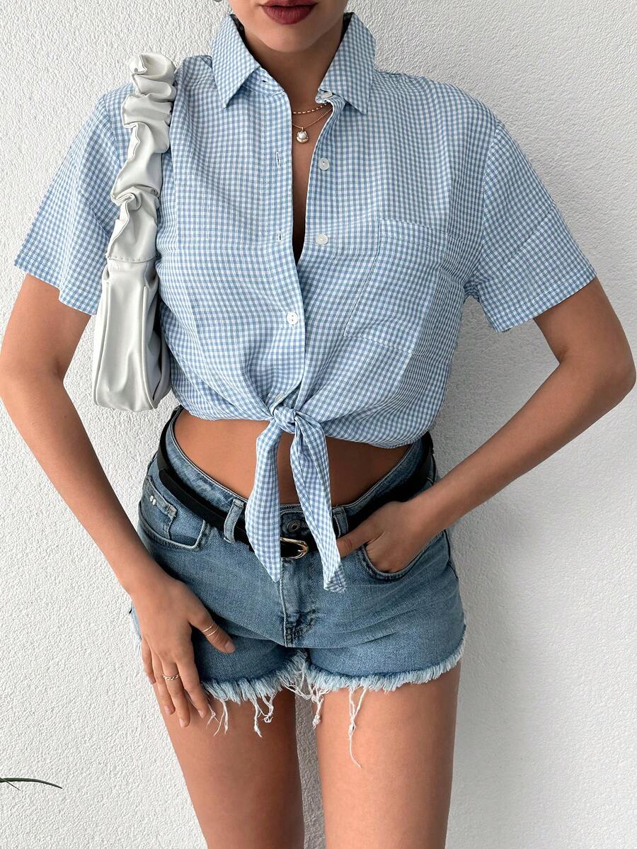 Cottnline Gingham Print Knot Hem Crop Shirt - Blue - View 1