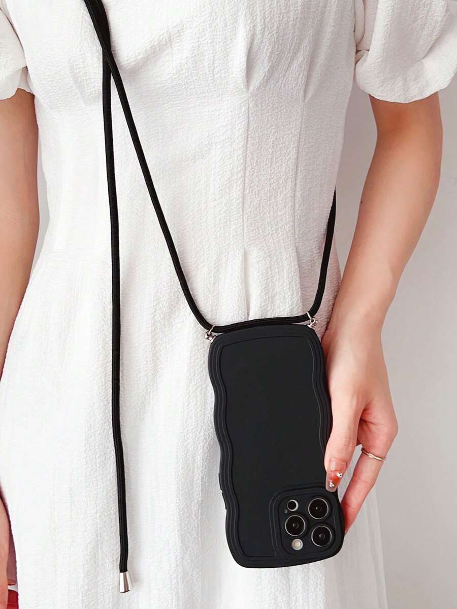 Ốp điện thoại màu trơn, viền lượn sóng, kèm dây đeo. - màu đen - Xem 1