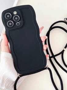 Ốp điện thoại màu trơn, viền lượn sóng, kèm dây đeo. - màu đen - Xem 2