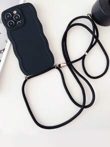 Ốp điện thoại màu trơn, viền lượn sóng, kèm dây đeo. - màu đen - Xem 3