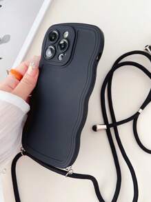 Ốp điện thoại màu trơn, viền lượn sóng, kèm dây đeo. - màu đen - Xem 4