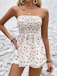 SHEIN LUNE Áo nữ Dải chun Họa tiết hoa Boho - trắng - Xem 1