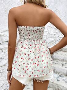 SHEIN LUNE Áo nữ Dải chun Họa tiết hoa Boho - trắng - Xem 2