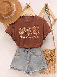 SHEIN LUNE Áo thun nữ Tim Lá thư Giải trí - Rỉ Nâu - Xem 1