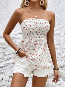 SHEIN LUNE Áo nữ Dải chun Họa tiết hoa Boho - trắng - Xem 4