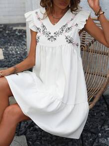 SHEIN VCAY Đầm Thêu Xù Viên lá sen Hoa Dễ thương - Màu be - Xem 1