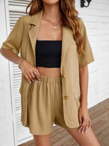 SHEIN Clasi Lapel Neck Flap Detail Blazer & Shorts - Khaki - View 1
