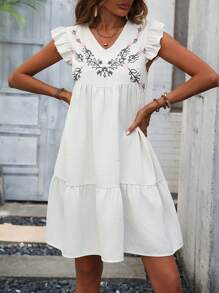 SHEIN VCAY Đầm Thêu Xù Viên lá sen Hoa Dễ thương - Màu be - Xem 3