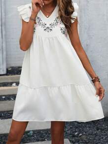 SHEIN VCAY Đầm Thêu Xù Viên lá sen Hoa Dễ thương - Màu be - Xem 6