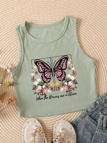 INAWLY Butterfly & Slogan Graphic Ribbed Knit Tank Top When The Flowers Are In Bloom