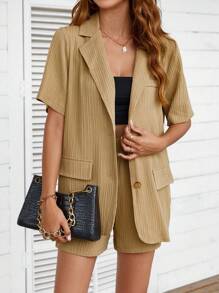 SHEIN Clasi Lapel Neck Flap Detail Blazer & Shorts - Khaki - View 5