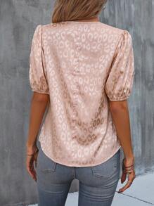 SHEIN Clasi Leopard Jacquard Puff Sleeve Wrap Detail Satin Blouse - Pink - View 2