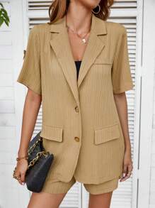 SHEIN Clasi Lapel Neck Flap Detail Blazer & Shorts - Khaki - View 6