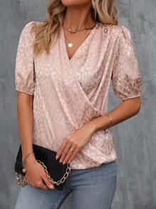 SHEIN Clasi Leopard Jacquard Puff Sleeve Wrap Detail Satin Blouse - Pink - View 3