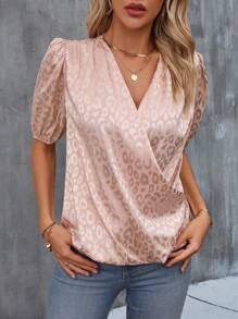 SHEIN Clasi Leopard Jacquard Puff Sleeve Wrap Detail Satin Blouse - Pink - View 4
