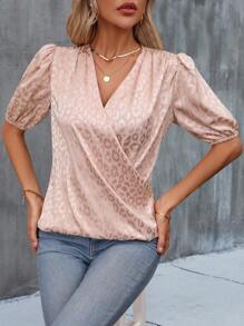 SHEIN Clasi Leopard Jacquard Puff Sleeve Wrap Detail Satin Blouse - Pink - View 5