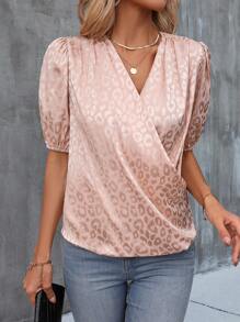 SHEIN Clasi Leopard Jacquard Puff Sleeve Wrap Detail Satin Blouse - Pink - View 6