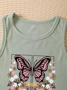 INAWLY Butterfly & Slogan Graphic Ribbed Knit Tank Top When The Flowers Are In Bloom