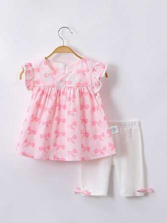 女小童蝴蝶結圖案荷葉邊上衣&蝴蝶結細節騎行褲