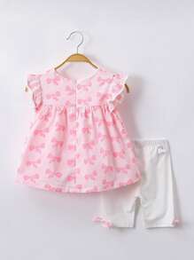 女小童蝴蝶結圖案荷葉邊上衣&蝴蝶結細節騎行褲