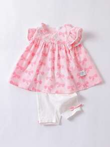 女小童蝴蝶結圖案荷葉邊上衣&蝴蝶結細節騎行褲