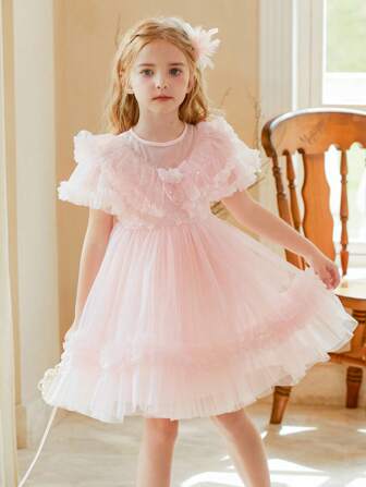 女小童荷葉邊網紗派對禮服