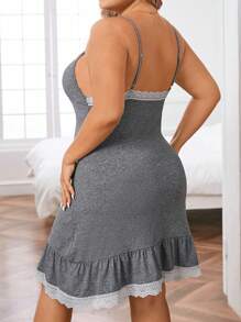 Plus Contrast Lace Ruffle Hem Cami Pajama Nightdress - Grey - View 2