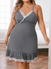 Plus Contrast Lace Ruffle Hem Cami Pajama Nightdress - Grey - View 3