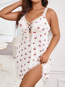 Plus Cherry Print Lace Trim Cami Pajama Nightdress