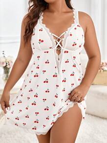Plus Cherry Print Lace Trim Cami Pajama Nightdress